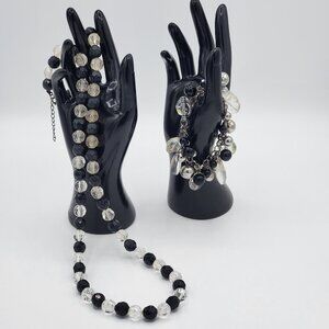 French Jet Black and Clear Bead 15" Necklace AND Bracelet Fashion Statement Set